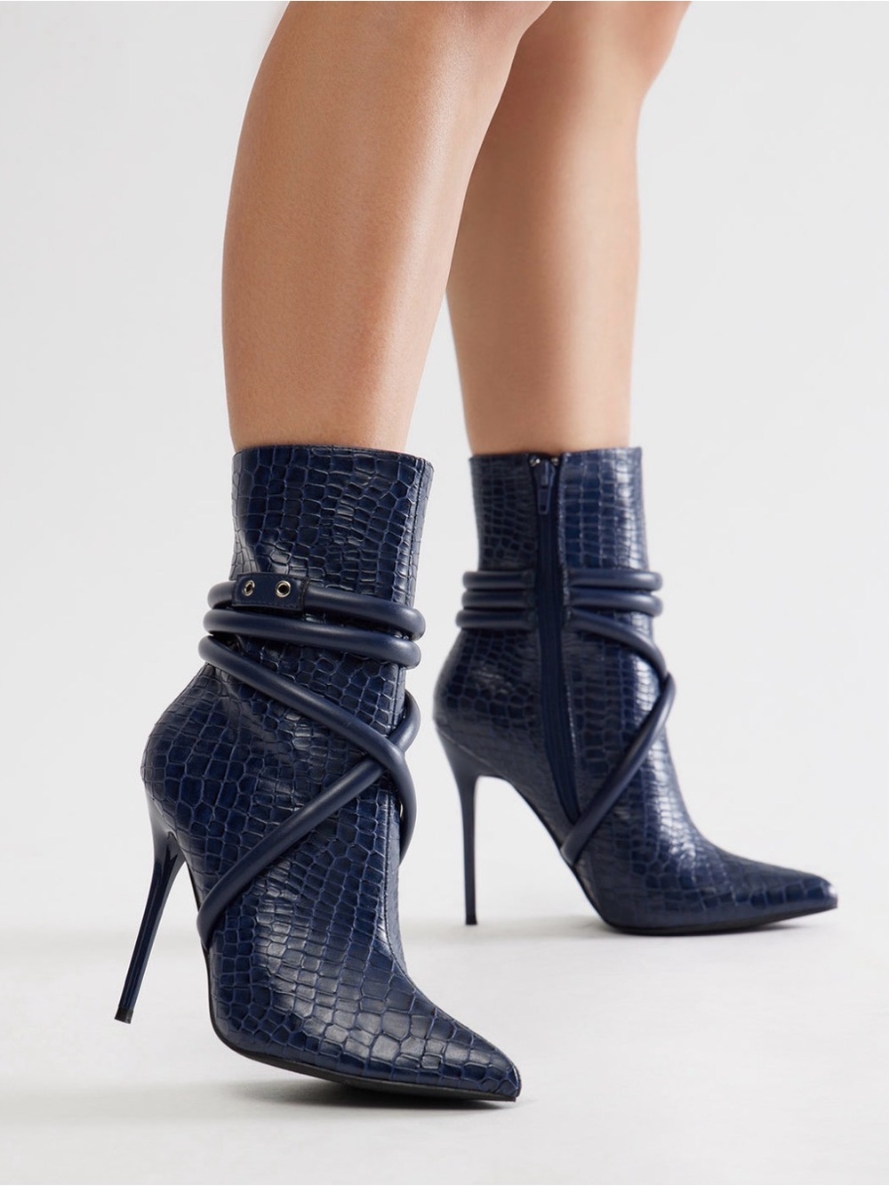 Fashion Nova Navy Croc-Embossed Stiletto Booties with Wrap Strap